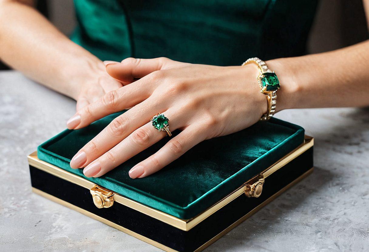 Create a luxurious setting showcasing a stunning emerald ring surrounded by various emeralds of different cuts and sizes. The background should feature soft, elegant textures, like velvet or silk, with subtle lighting highlighting the rich green hues of the gems. Include a pair of gloved hands gently holding an open jewelry box, exuding sophistication. The composition should evoke a sense of opulence and allure. super-realistic. vibrant colors. elegant backdrop.