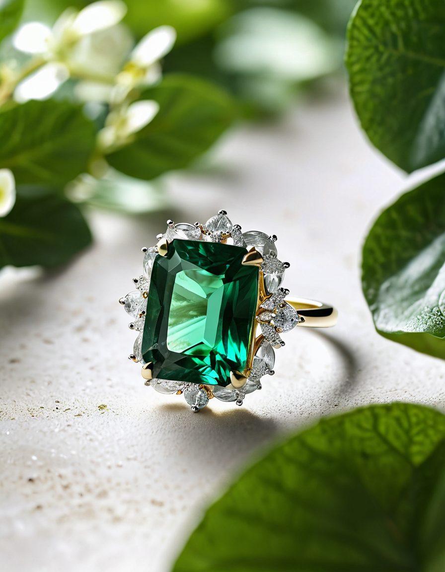 A close-up of a stunning emerald gemstone set in an exquisite piece of luxury jewelry, surrounded by gentle nature elements like soft green leaves and delicate flowers. The background features a tranquil blurred outdoors scene, emphasizing the natural beauty of the emerald. Light glimmers off the facets of the stone, showcasing its deep green hue which symbolizes luxury and elegance. super-realistic. vibrant colors. white background.